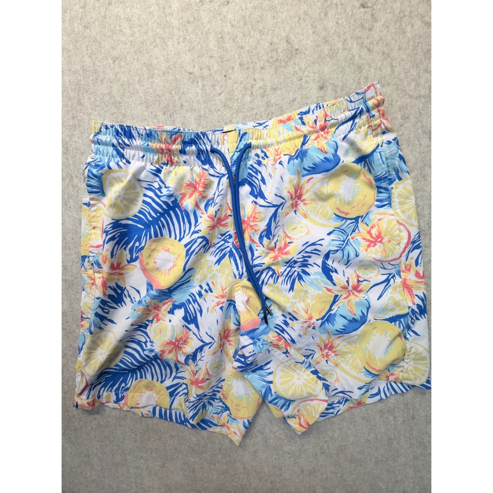 SURFCUZ Swim Trunks Men Med Blue Yellow Tropical Fruit Floral Board Shorts Lined